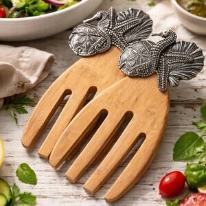 Bamboo Salad Servers Coastal Starfish Seahorse Nautical Serving Set